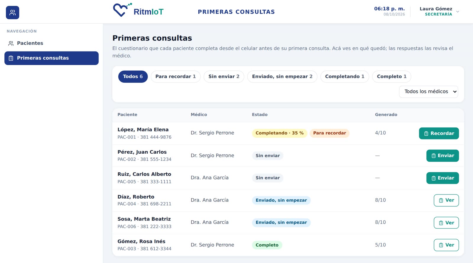 Bandeja de la secretaría con el estado del cuestionario de primera consulta de cada paciente: sin enviar, enviado, completando y completo.