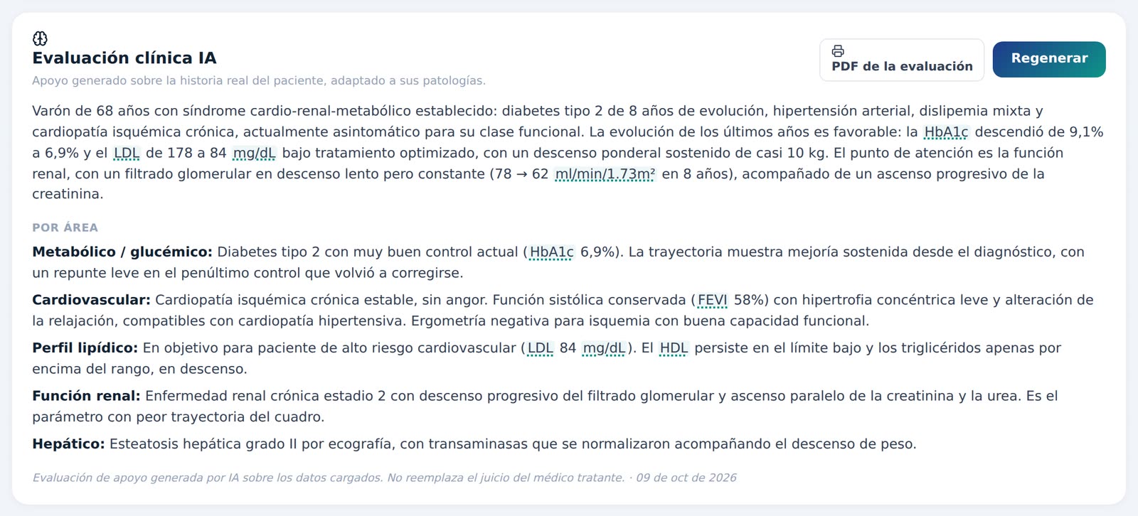 Evaluación clínica generada por IA para un varón de 68 años con síndrome cardio-renal-metabólico, con resumen general y comentario por área.